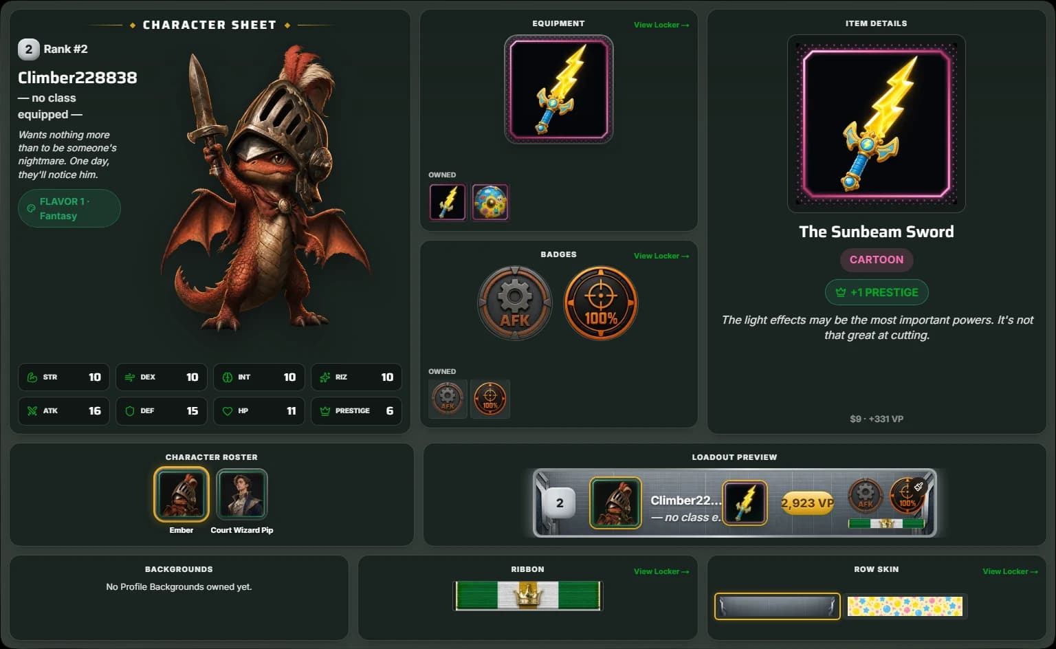A Pay2Win Quest Character Sheet -- rank, stats, equipped gear with an item detail panel, badges, character roster, ribbon, and row skin