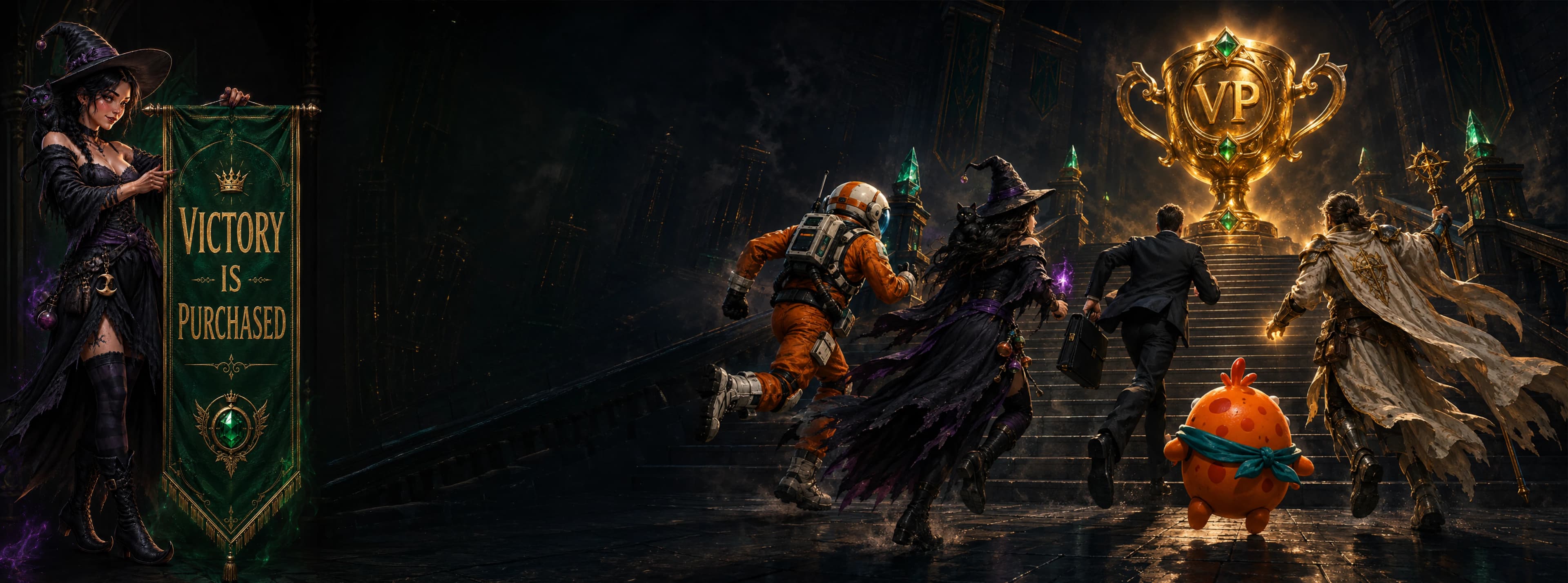 Hemlock presents a Victory Is Purchased banner on the left as five Pay2Win Quest characters race up a golden staircase toward a giant trophy engraved VP on the right