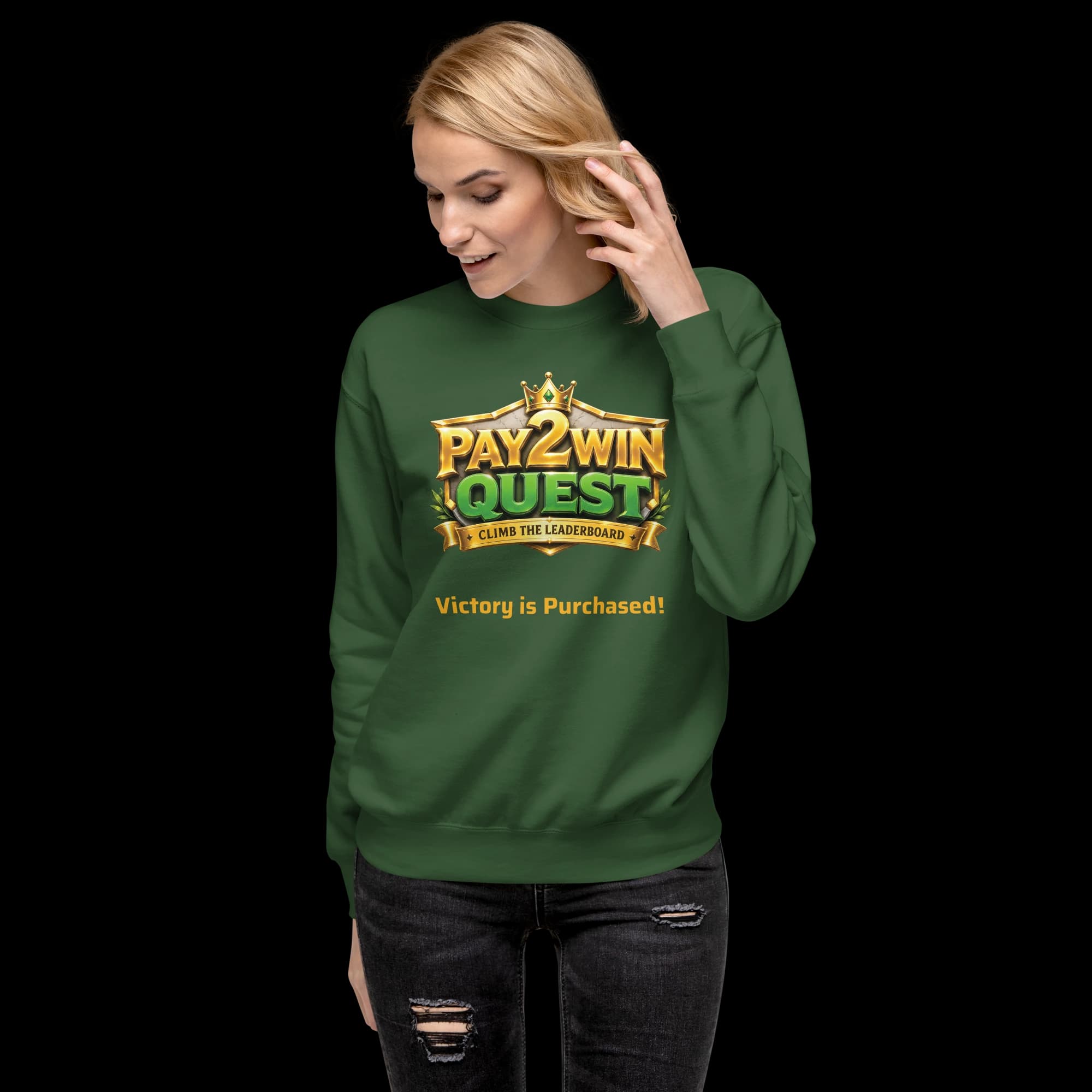 Model wearing a Pay2Win Quest sweatshirt